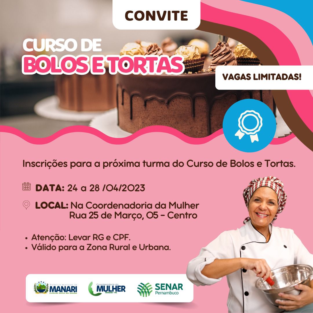 Prefeitura de Manari oferece novas vagas para o curso de Bolos e Tortas