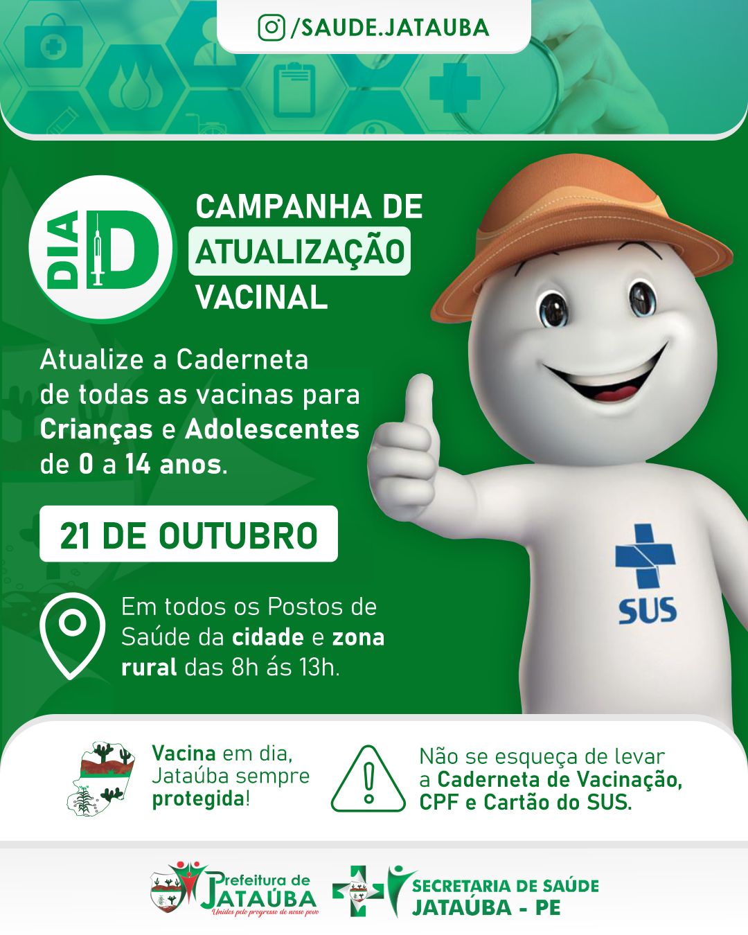 Dia D – Campanha de Atualização Vacinal ocorre no próximo 21 de Outubro em JATAÚBA