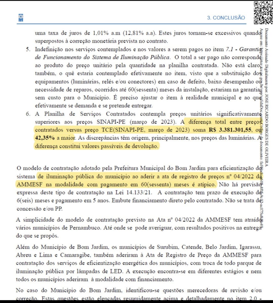 Auditoria do TCE/PE aponta irregularidades e superfaturamento em mais de 3 milhões na compra de lâmpadas de LED em Bom Jardim