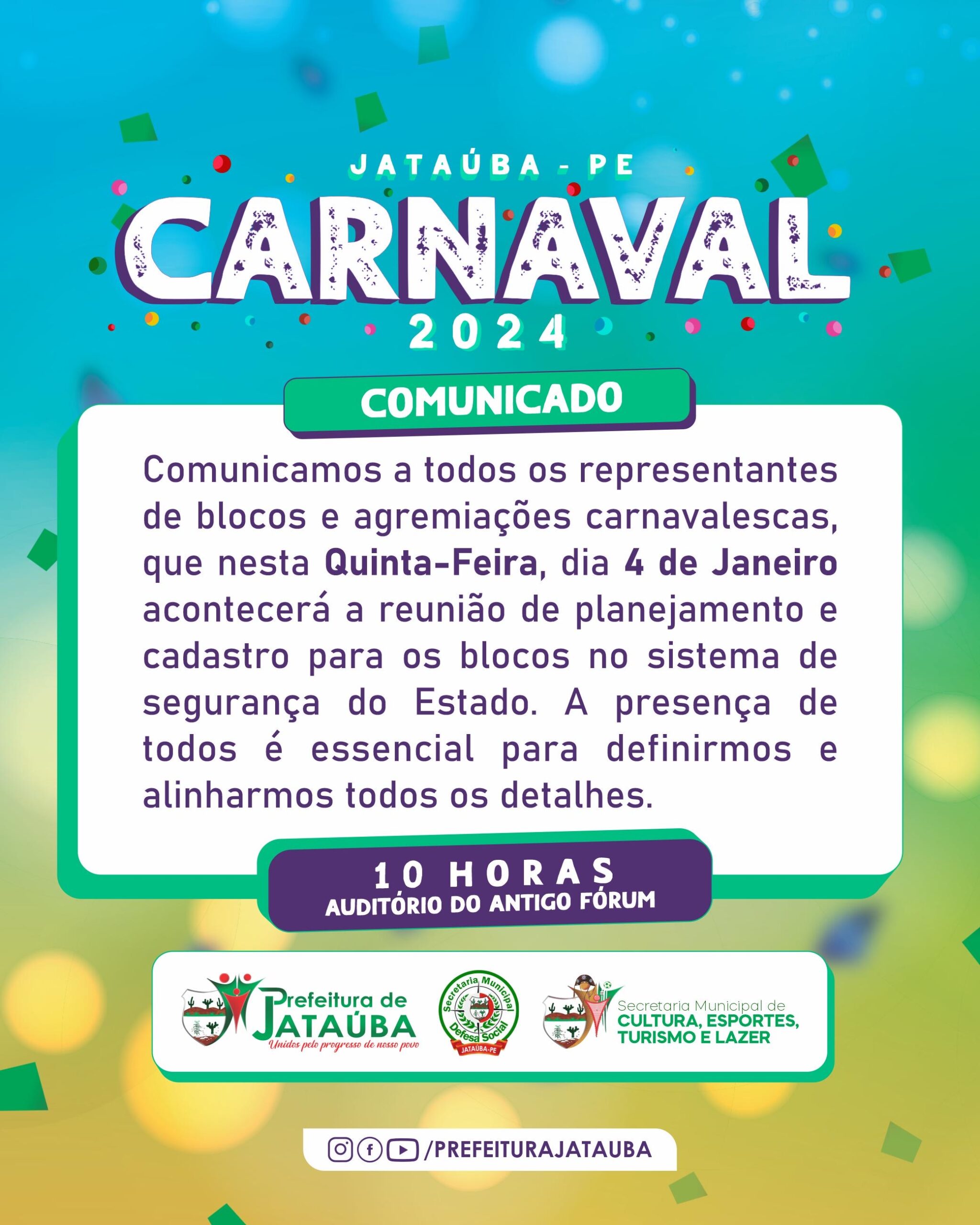 Prefeitura de Jataúba emite Comunicado para o Carnaval 2024