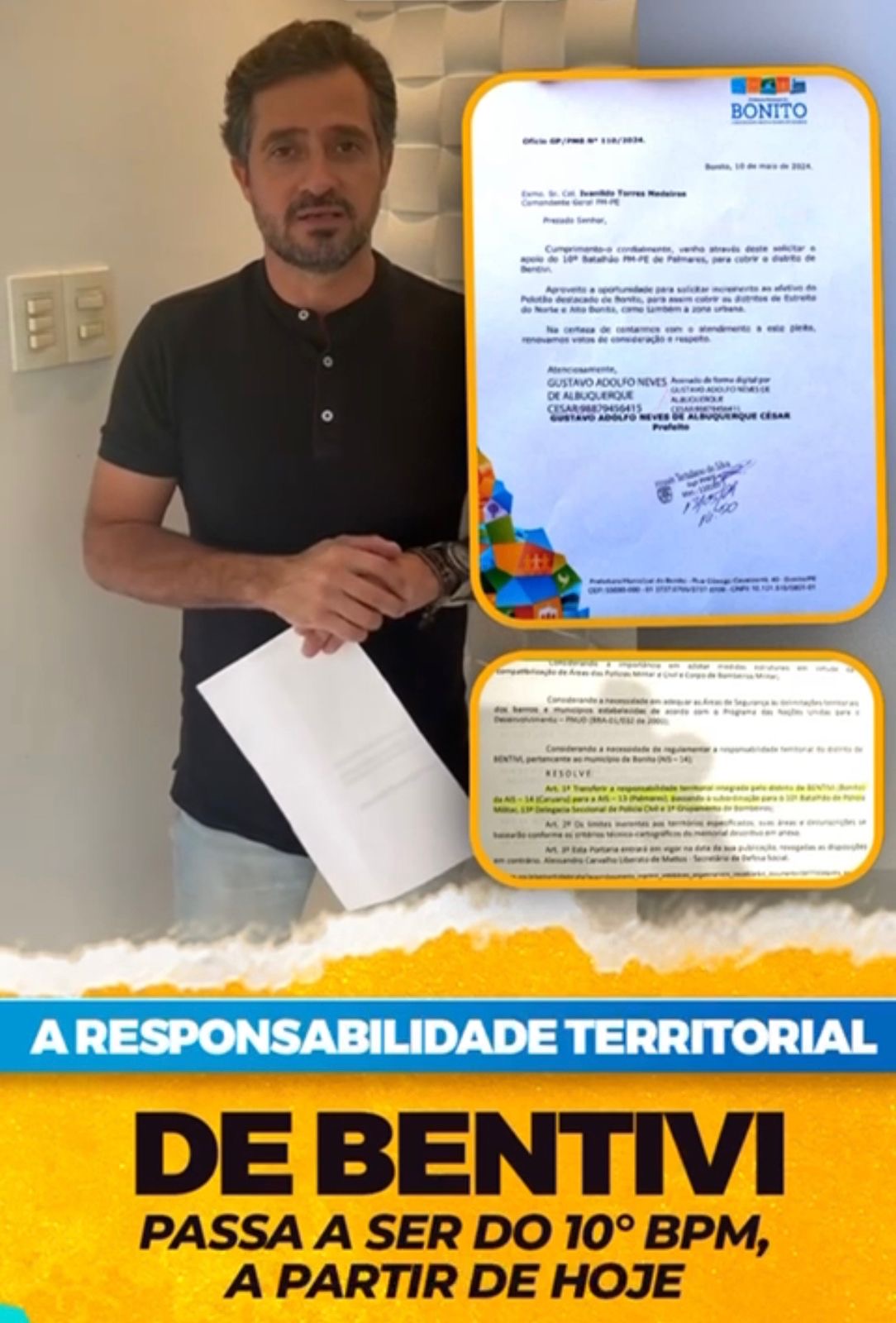 Prefeito Gustavo Adolfo comemora o reforço e responsabilidade do 10° Batalhão de Palmares no policiamento do Distrito de Bentivi