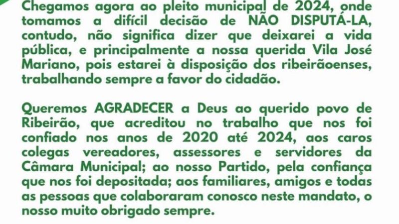 Vereador de oposição desiste de candidatura em Ribeirão