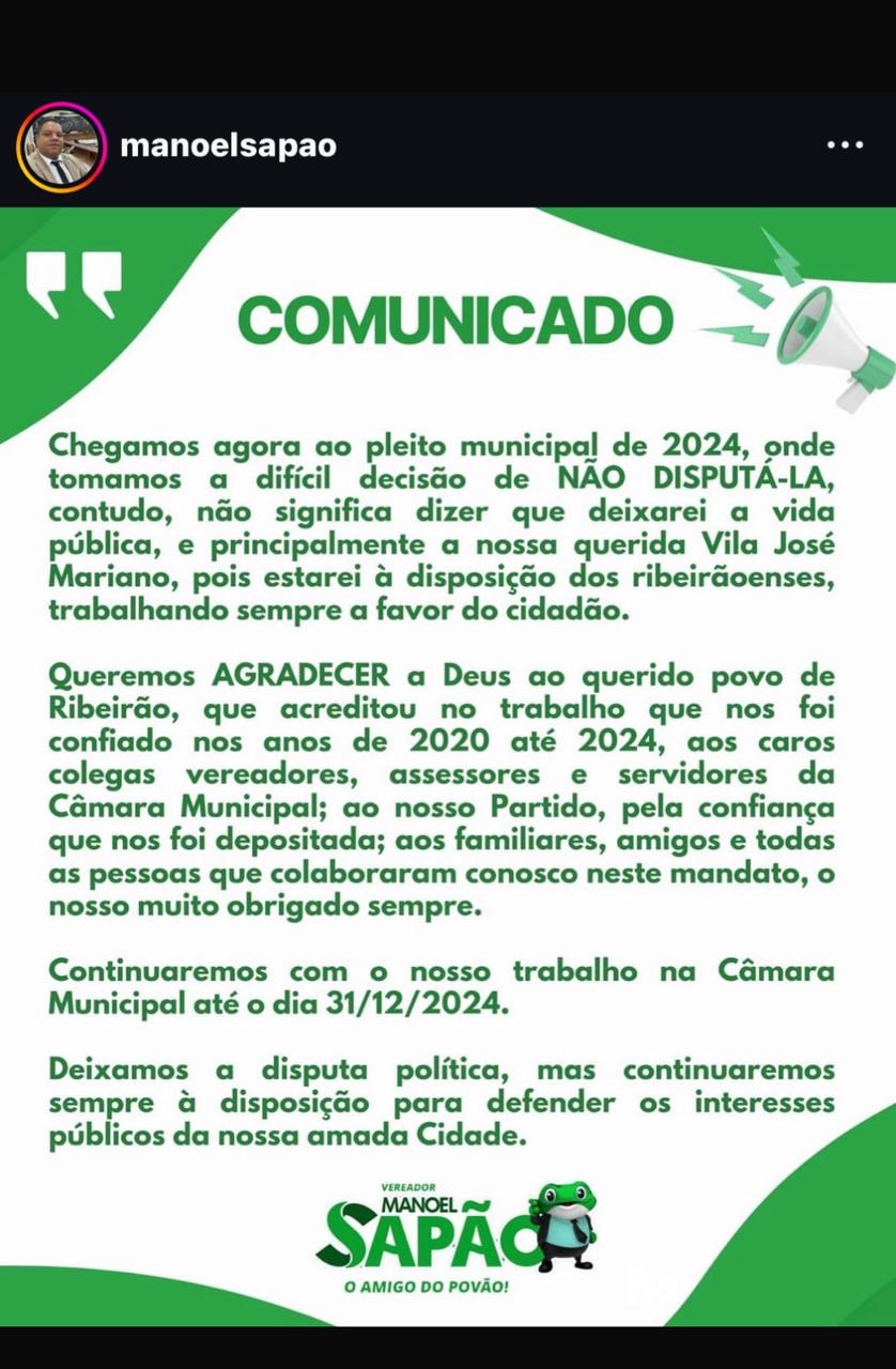 Vereador de oposição desiste de candidatura em Ribeirão