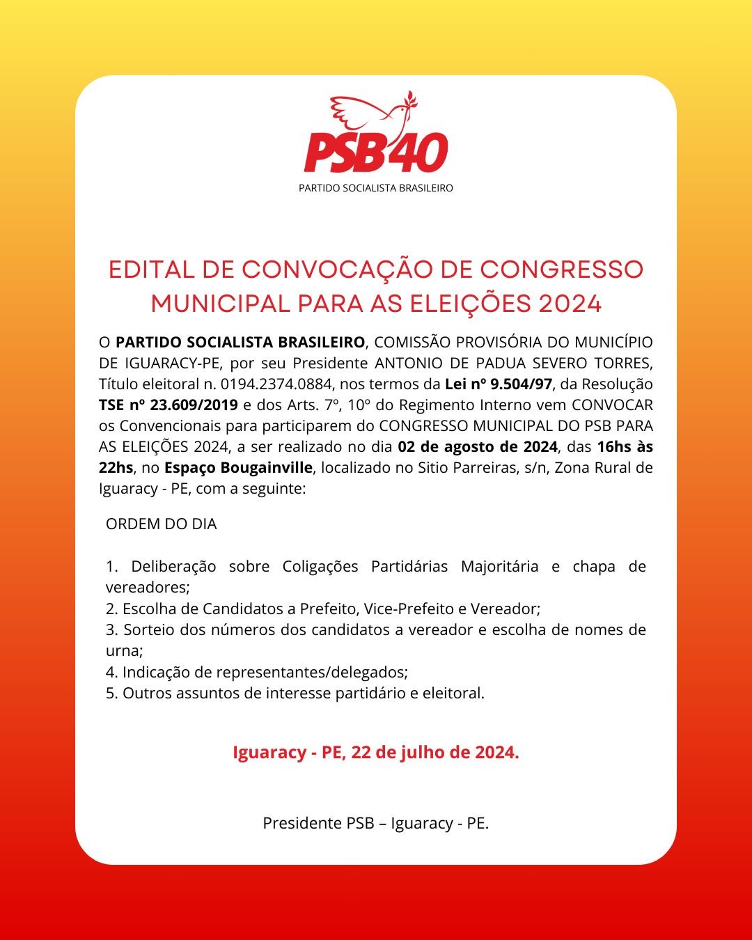 Iguaracy: 02 de Agosto confirma a convenção do PSB e AVANTE no município