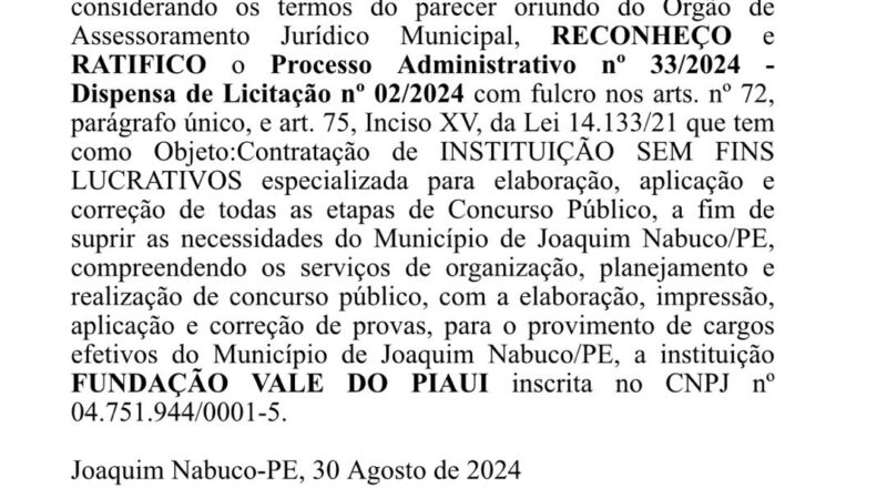 Em meio a campanha Eleitoral, Prefeitura de Joaquim Nabuco pública edital de concurso público: organizadora do certame é envolvida em fraude e levanta alarme foi contratada por meio de dispensa de licitação