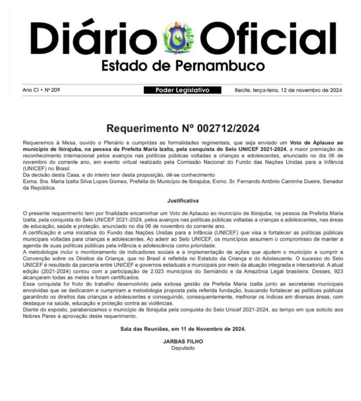 Prefeita Izalta recebeu voto de aplausos do deputado estadual Jarbas filho e do senador Fernando Dueire