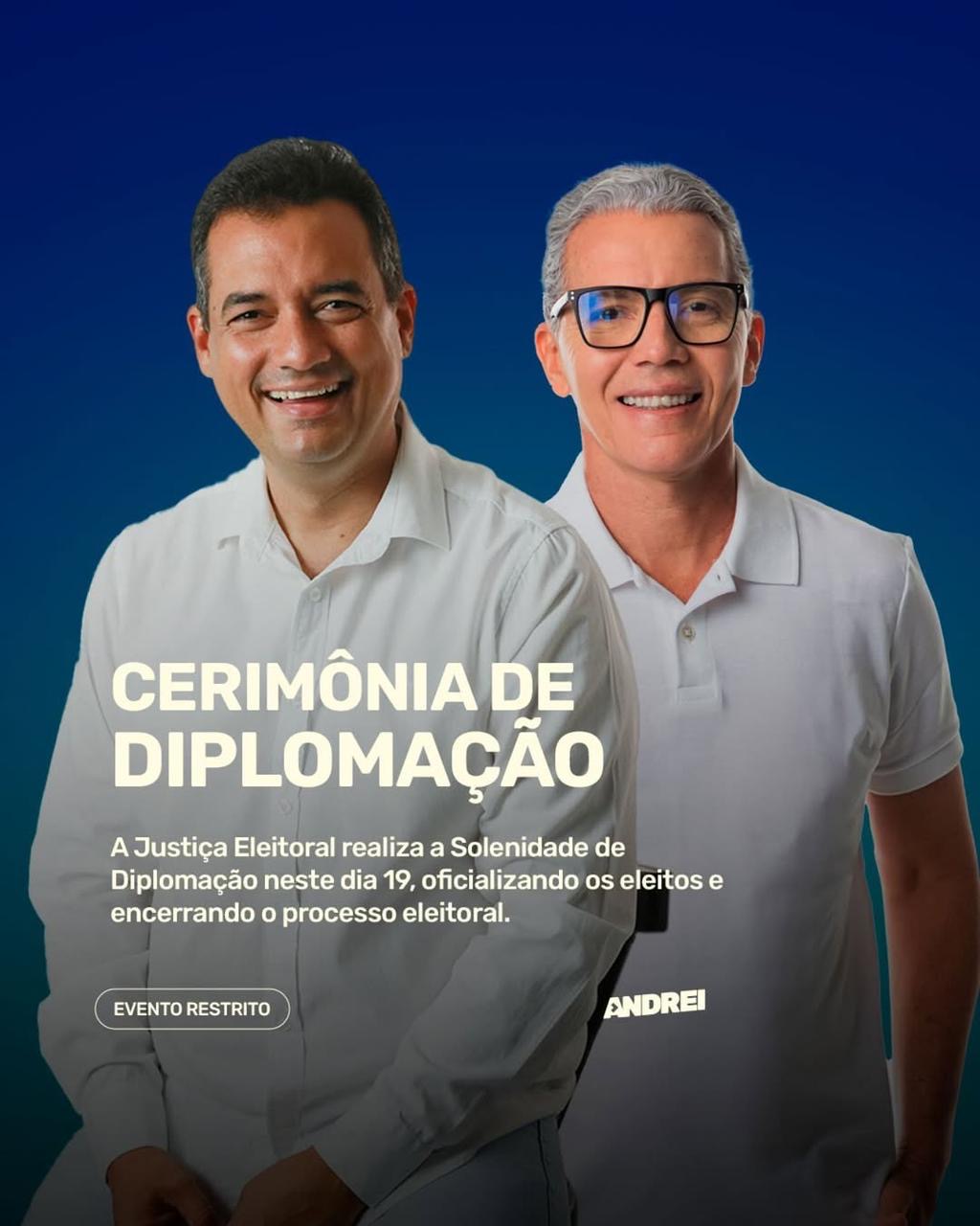 Prefeito eleito de Juazeiro Andrei Gonçalves e seu vice Tiano Félix serão diplomados em cerimônia solene na próxima quinta-feira (19)