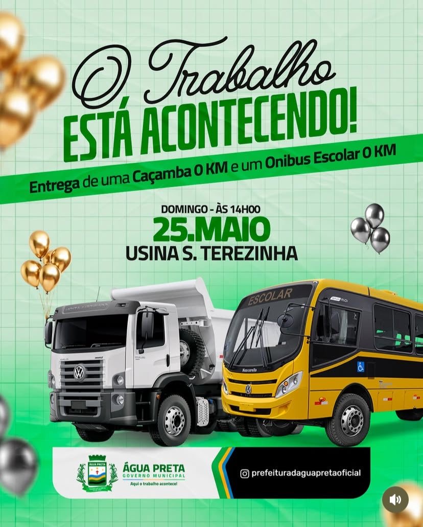 No próximo Domingo (25), prefeito Miruca entrega uma caçamba e um ônibus escolar para Água Preta