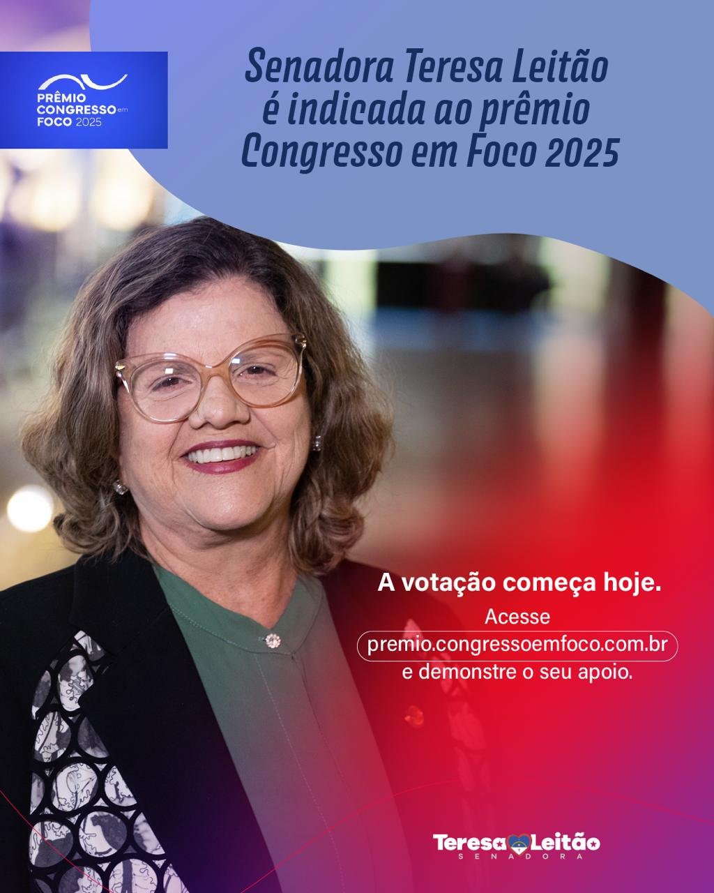 Teresa Leitão concorre ao Prêmio Congresso em Foco pelo terceiro ano seguido