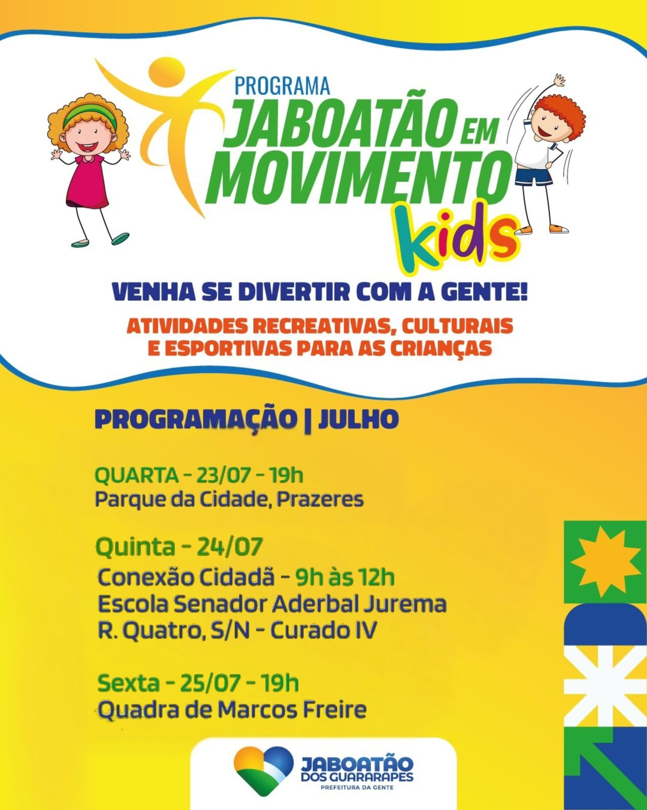 Programa Jaboatão em Movimento Kids promove atividades recreativas, esportivas e de dança para a criançada em diferentes locais do município