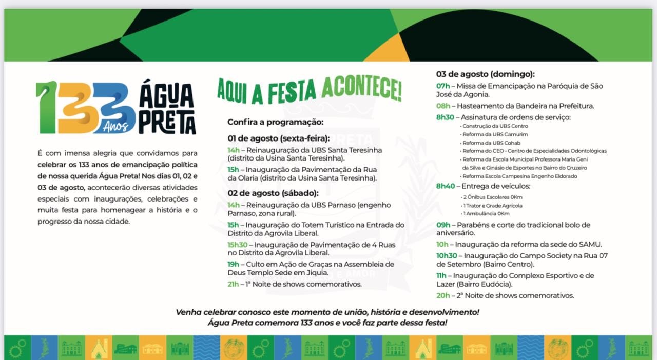 Água Preta: Prefeito Miruca divulga programação oficial da festa de emancipação e cronograma de entregas para o município