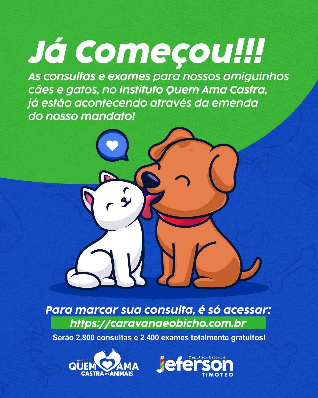Consultas e exames gratuitos para cães e gatos já começaram graças a emenda do Deputado Jeferson Timóteo