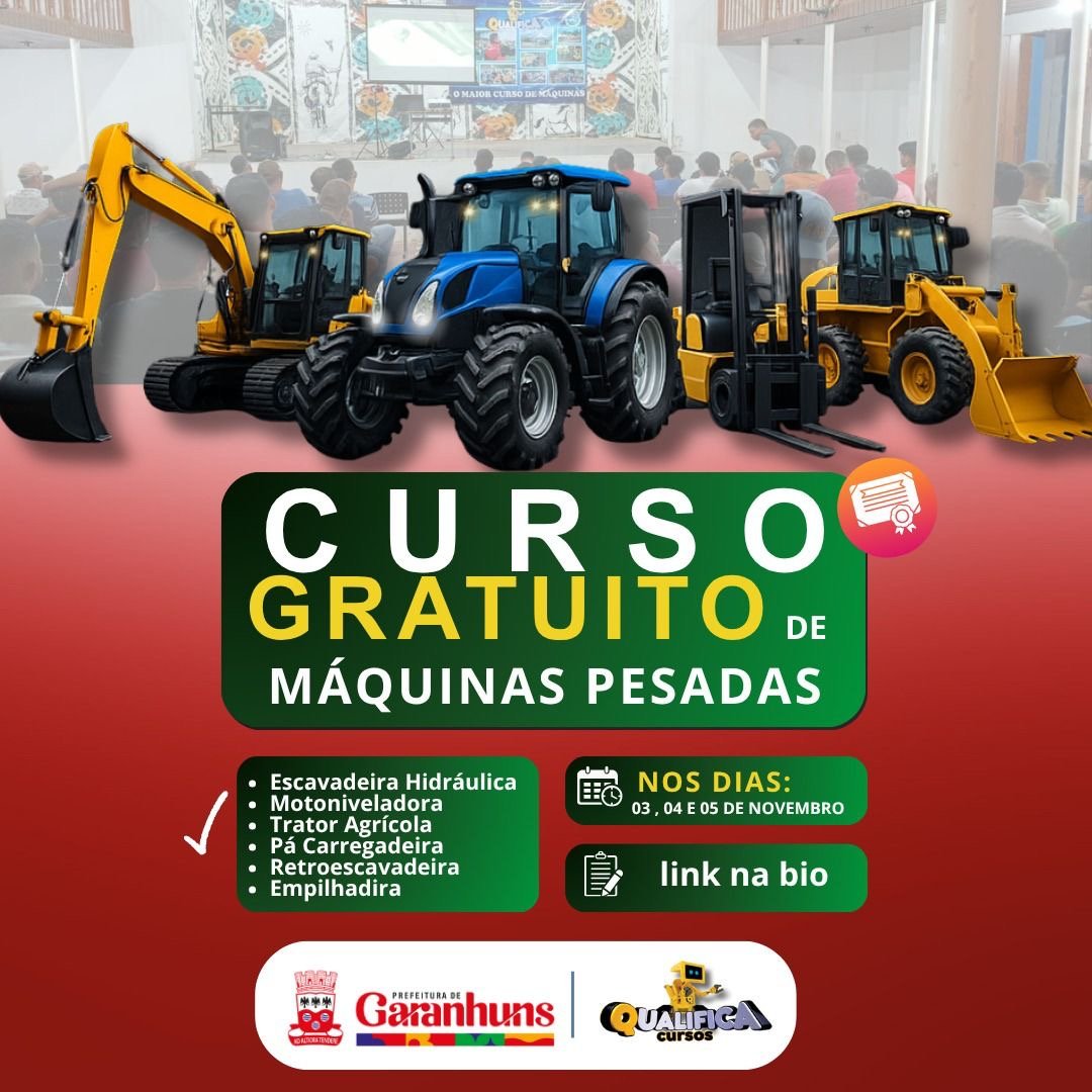A Prefeitura de Garanhuns, através da Secretaria de Infraestrutura, Obras e Serviços Públicos (Siosp), em parceria com a empresa Qualifica Cursos, abriu as inscrições para o curso gratuito de Máquinas Pesadas.