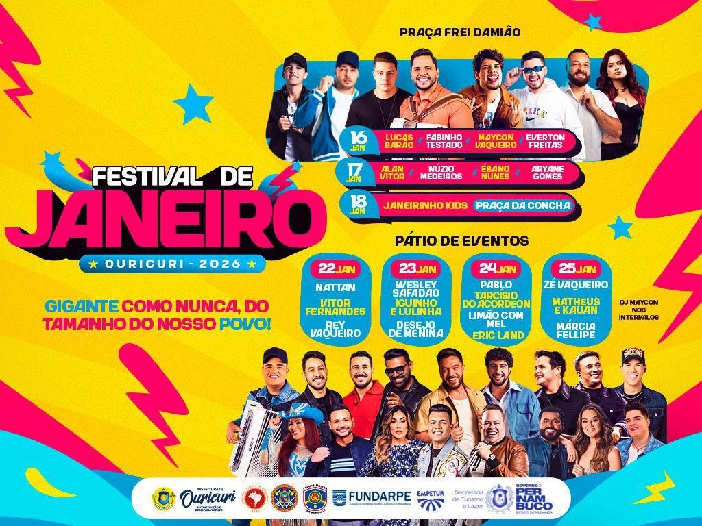 Prefeitura de Ouricuri anuncia Festival de Janeiro 2026 com Safadão, Matheus & Kauan, Zé Vaqueiro e Pablo