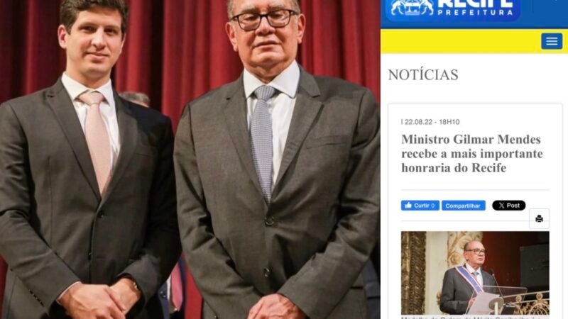Você sabia? Ministro Gilmar Mendes já recebeu a maior honraria do Recife entregue pelo prefeito João Campos
