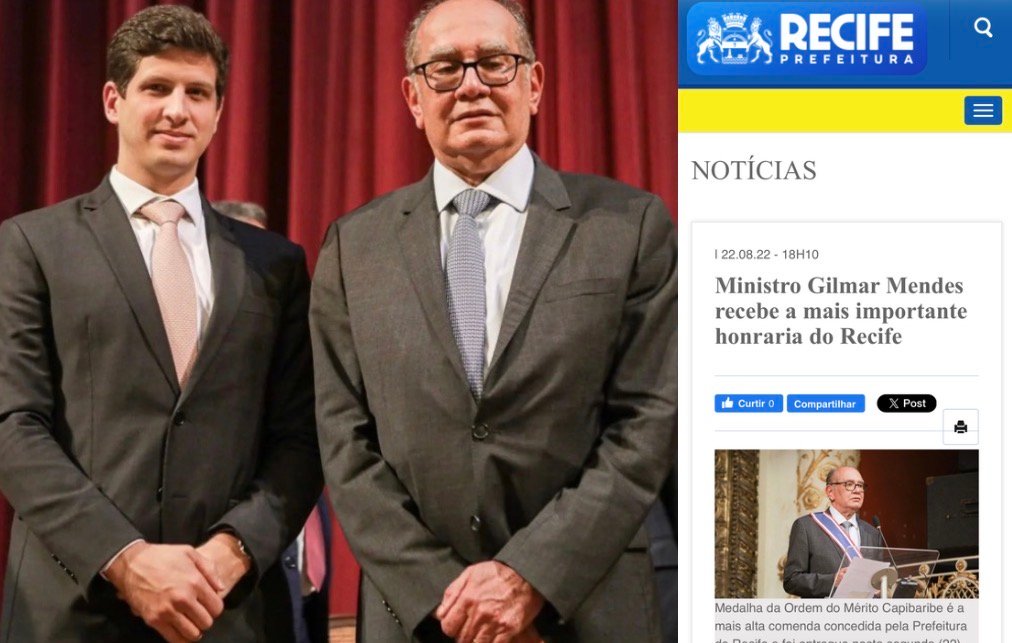 Você sabia? Ministro Gilmar Mendes já recebeu a maior honraria do Recife entregue pelo prefeito João Campos