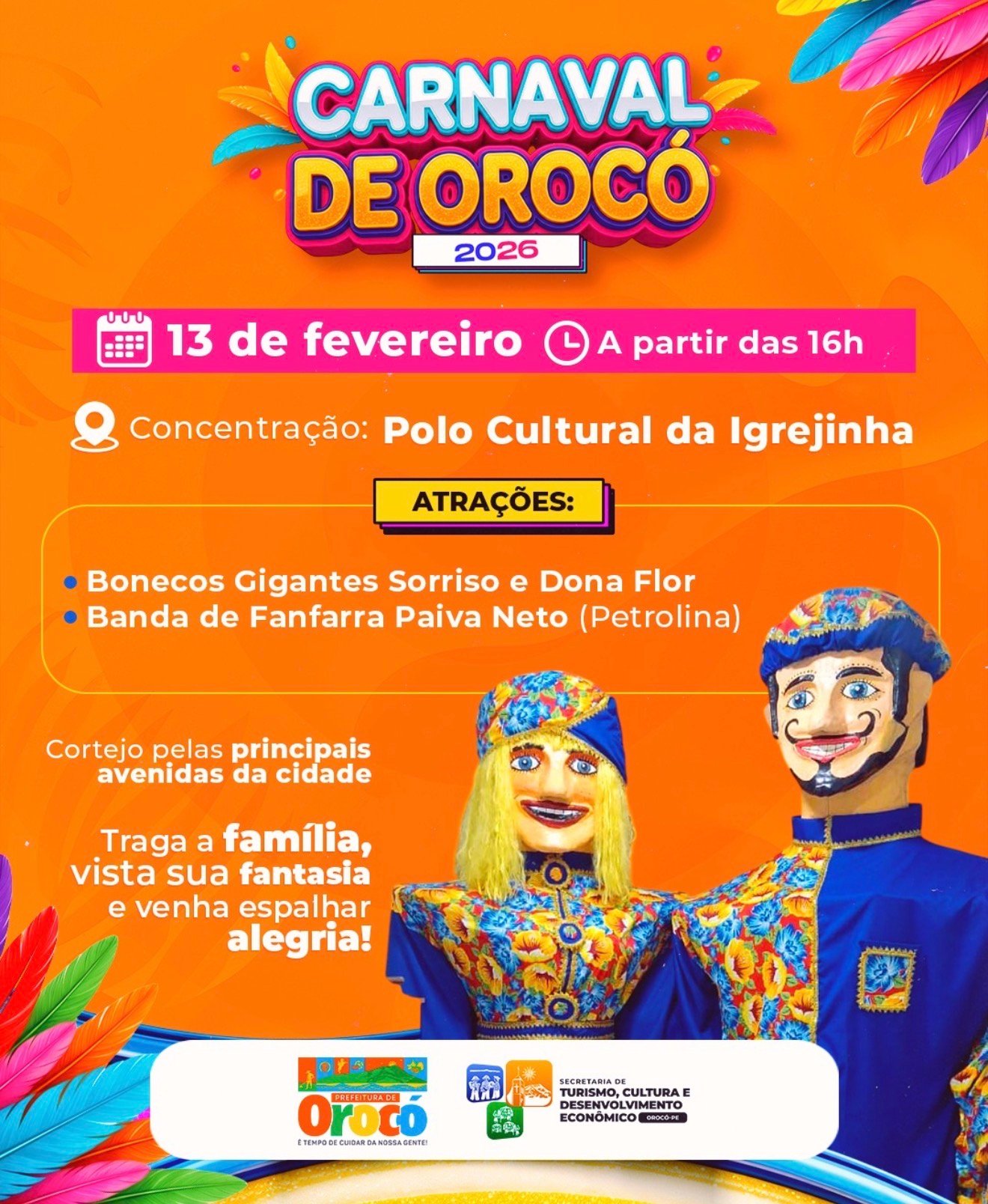 Carnaval de Orocó 2026 terá bonecos gigantes e banda de fanfarra Paiva Neto
