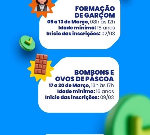 Cursos gratuitos de ‘Formação de Garçom’ e de ‘Bombons e Ovos de Páscoa’ são realizados pela Prefeitura de Salgueiro