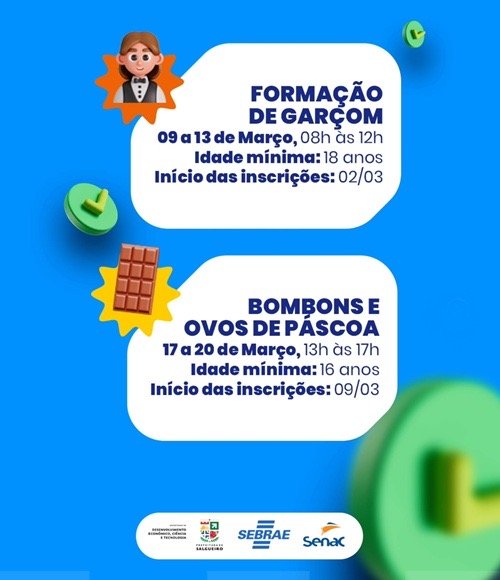 Cursos gratuitos de ‘Formação de Garçom’ e de ‘Bombons e Ovos de Páscoa’ são realizados pela Prefeitura de Salgueiro