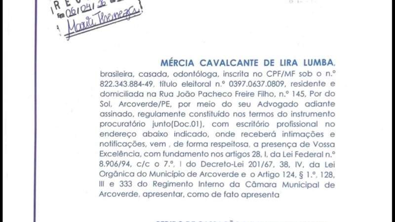Pedido de cassação contra presidente da Câmara de Arcoverde é protocolado.