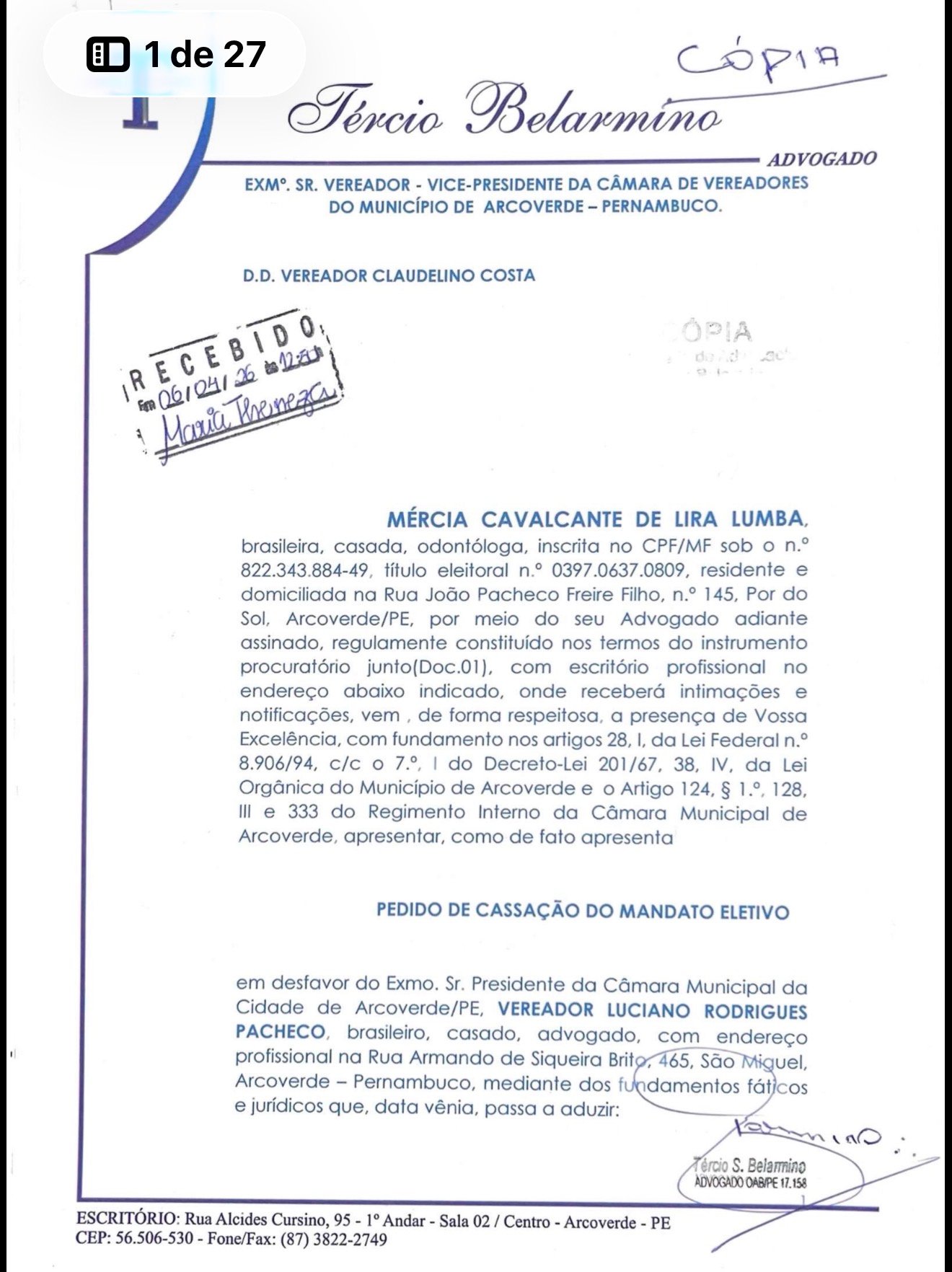 Pedido de cassação contra presidente da Câmara de Arcoverde é protocolado.
