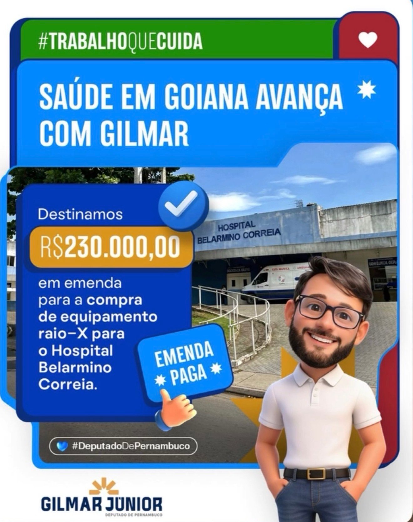 Saúde de Goiana avança com investimento de R$ 230 mil para novo equipamento de raio-X, fruto de emenda do deputado estadual enfermeiro Gilmar Júnior