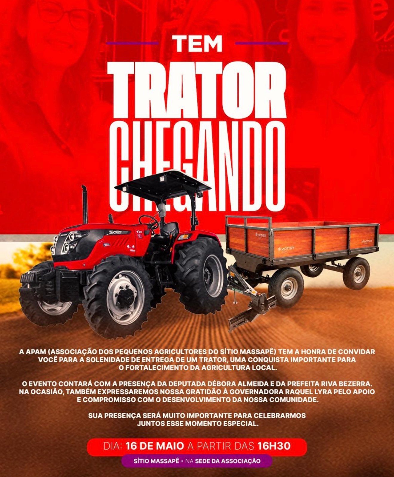 Na gestão de Riva Bezerra, Cedro avança com mais um trator para fortalecer a agricultura familiar no Sítio Massapê