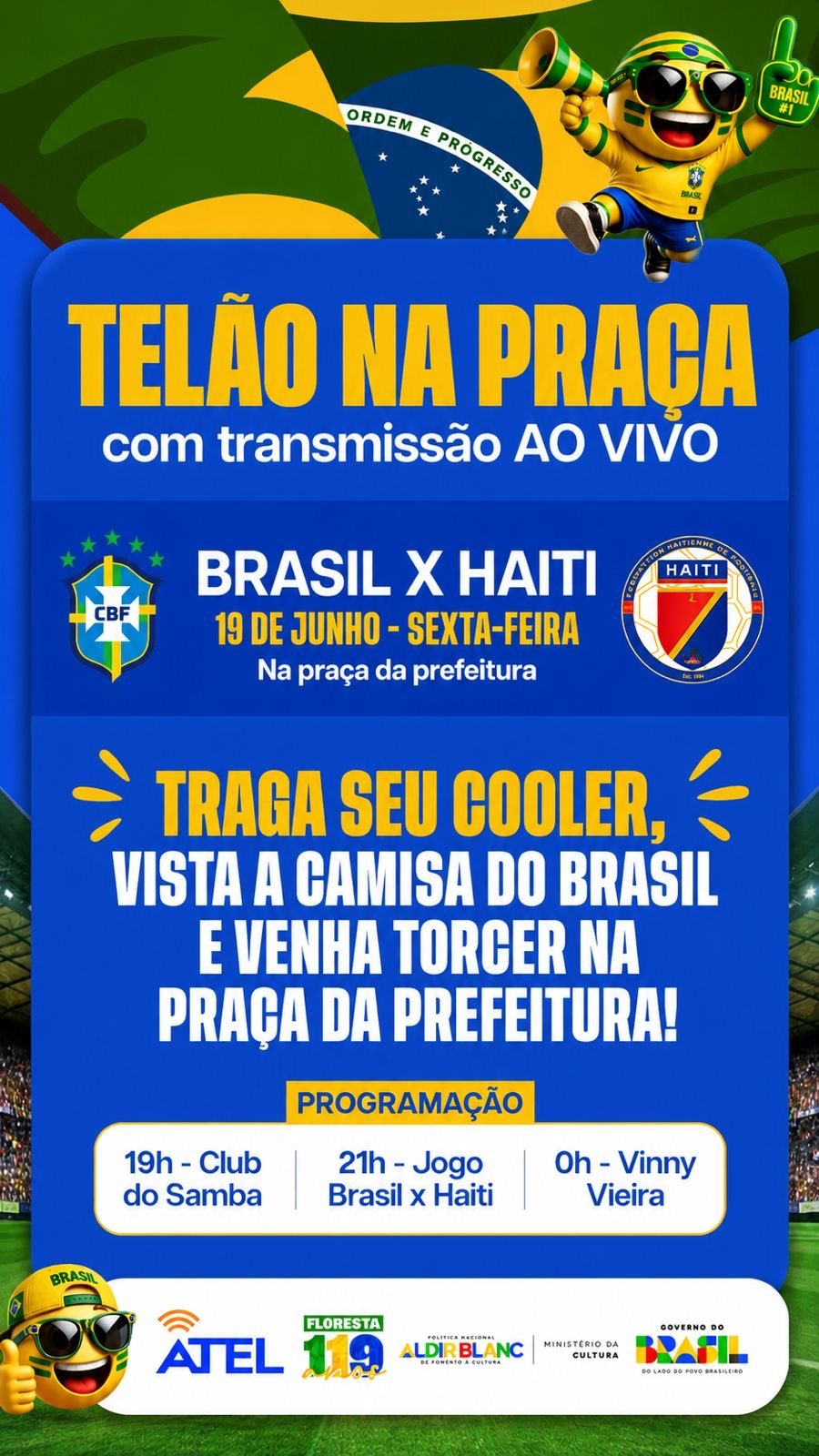 Prefeitura de Floresta e Atel levam telão e atrações musicais à praça para o jogo Brasil x Haiti