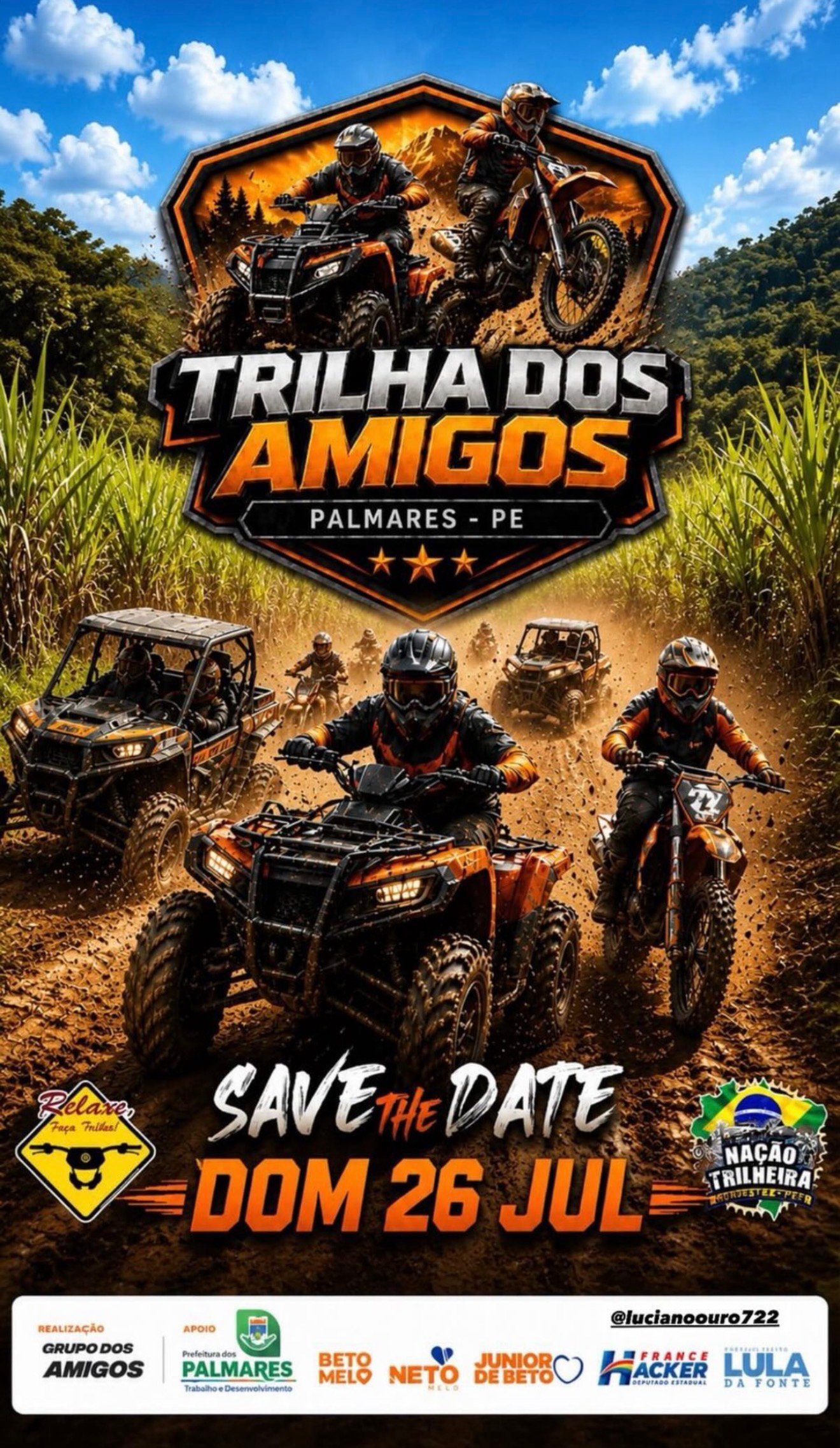Trilha dos Amigos movimentará Palmares com aventura sobre rodas no dia 26 de julho
