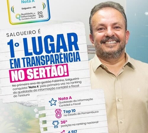 No primeiro ano da gestão Fabinho, Salgueiro fica em 1° lugar no Sertão pernambucano em qualidade da informação contábil e fiscal