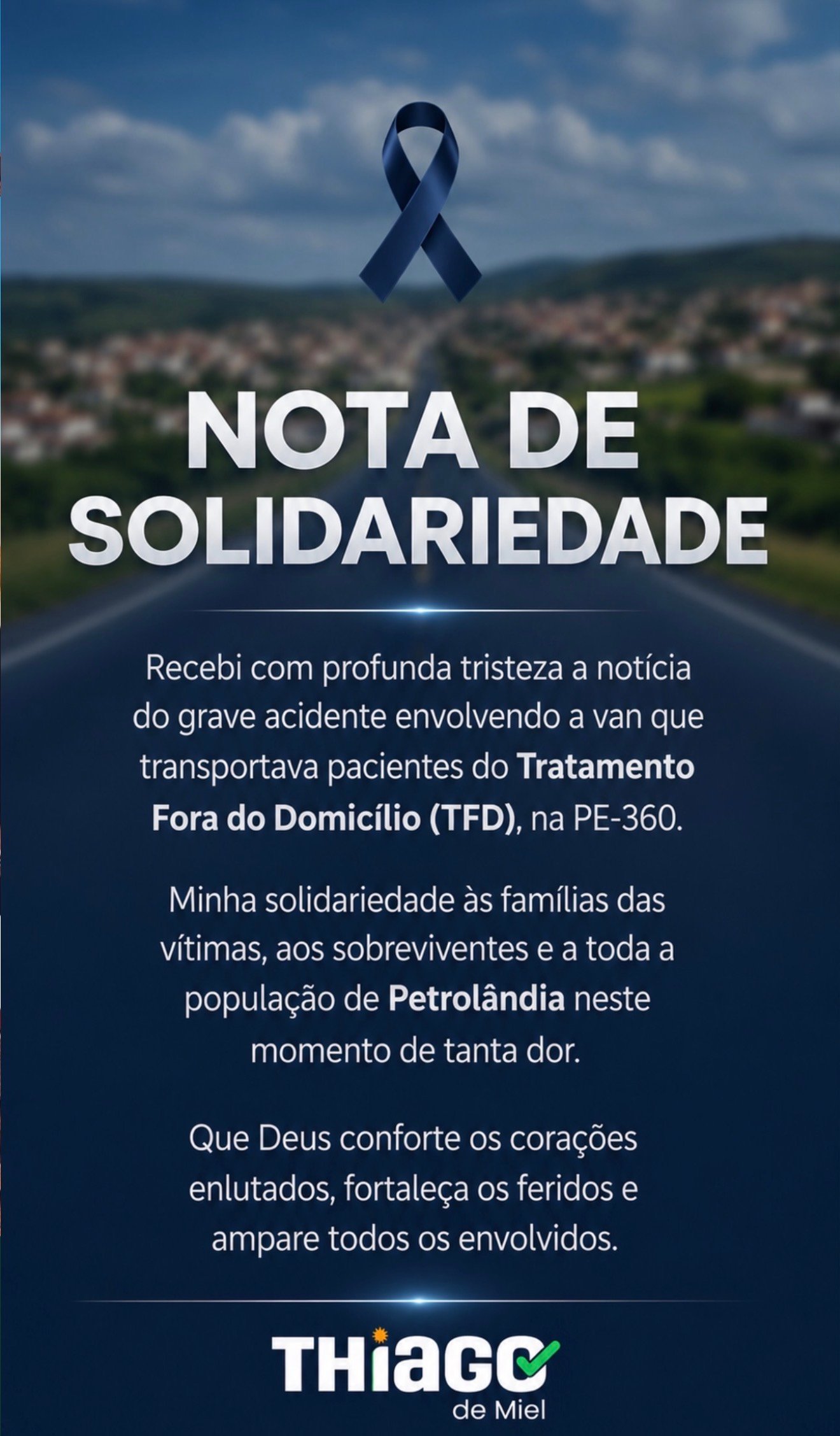 O prefeito de Xexéu, Thiago de Miel, manifestou profundo pesar pelo grave acidente ocorrido na PE-360, que resultou na morte de várias pessoas e comoveu Pernambuco.