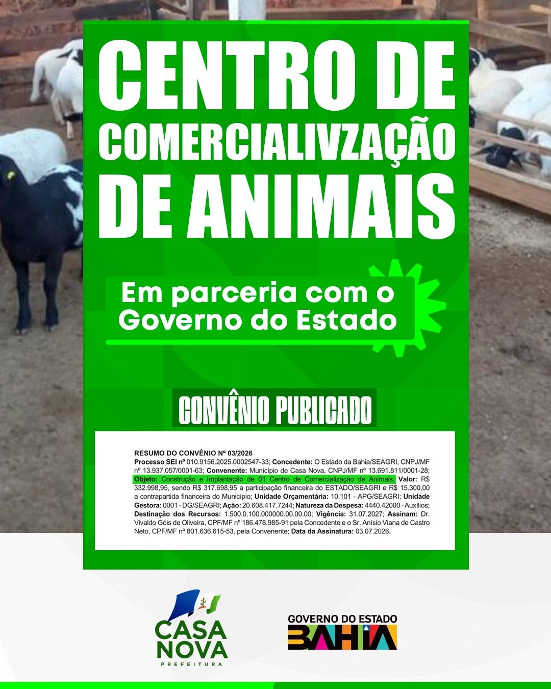 Centro de Comercialização de Animais é confirmado e vai fortalecer a agropecuária de Casa Nova