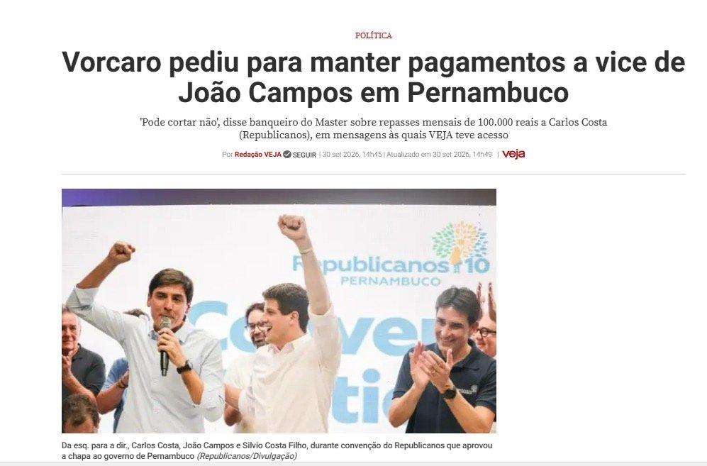 “Pode cortar não”, afirma Vorcaro sobre pagamentos a vice de João Campos, em mensagens reveladas pela Revista Veja
