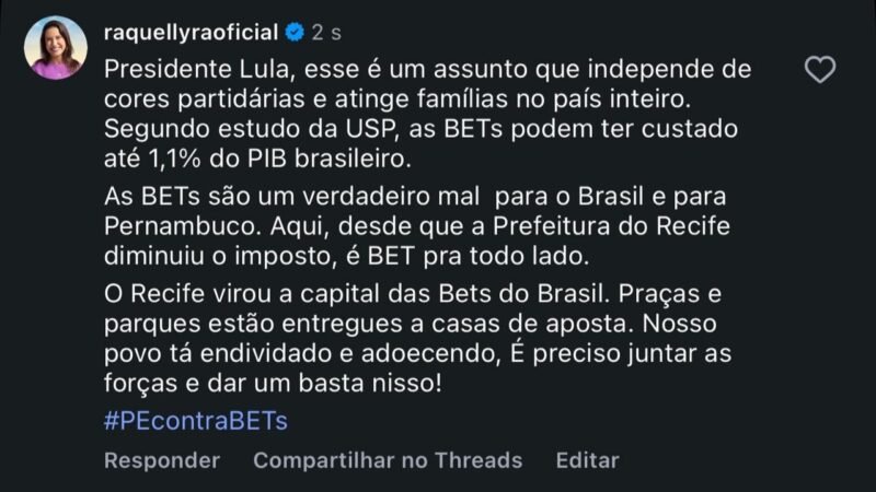 Raquel comenta em postagem de Lula e novamente se posiciona contrária às bets