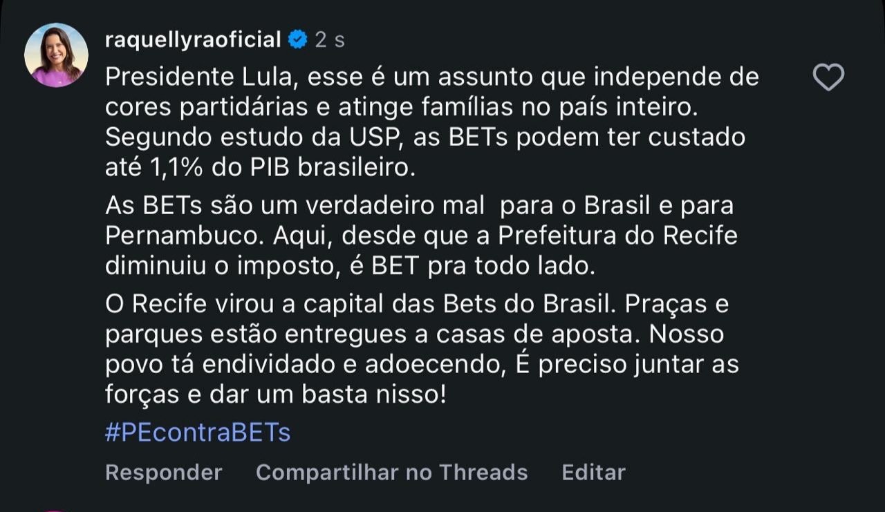 Raquel comenta em postagem de Lula e novamente se posiciona contrária às bets